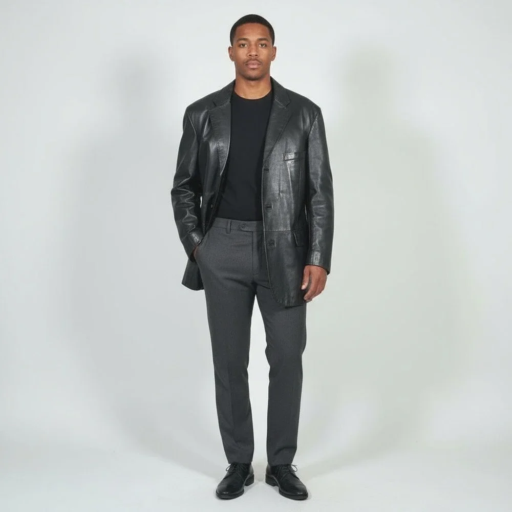 Alfani Positano Mens L44 Black Genuine Leather Blazer Jacket Professional Career